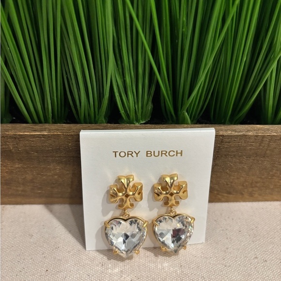 Tory Burch Gold and Sparkling Silver Stone Heart Earrings - Picture 5 of 9